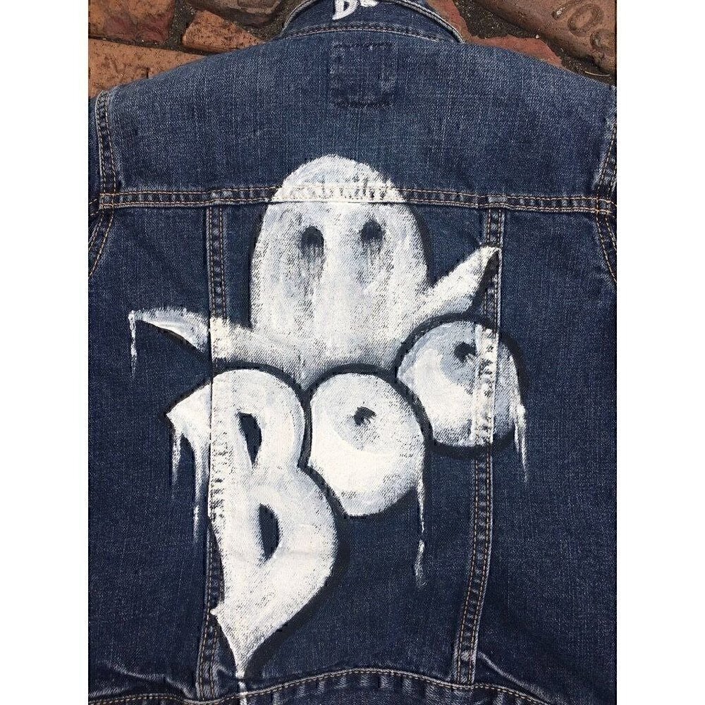 Artist Made Classic denim jean jacket, retro cut red white hand painted Kids